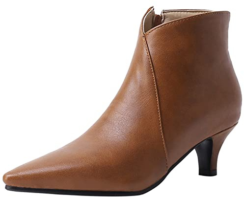 Gicoiz Mujer Puntiagudo Mini Tacóns Botas Cortas Vestido Warm Chelsea Invierno Elegante Tacón de Aguja Tacón Medio Boda Botín Casual Chukka Marrón Talla 37 EU-38Cn