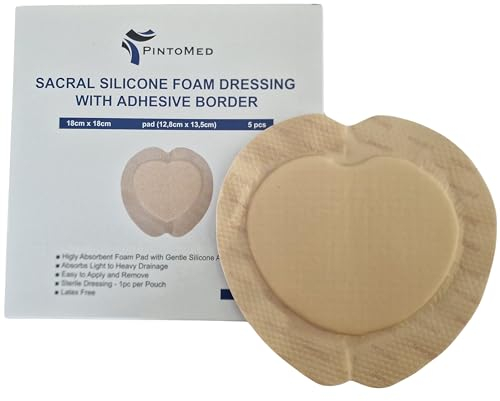 PintoMed - Apósito Estéril Adhesivo de Espuma de Silicona con Borde - Sacro - 18cm x 18cm (almohadilla 12,8cm x 13,5cm) caja de 5 apósitos. Absorbente. Para el tratamiento de heridas crónicas y agudas