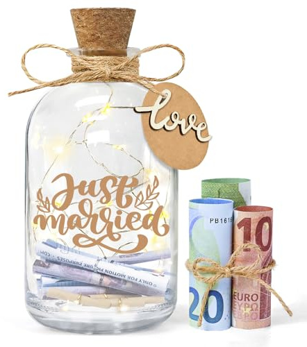 Ulikey LED Flaschenlicht Hochzeit, Geldgeschenke Hochzeit Verpackungen, Hochzeitskasse Spardose Personalisiert, Hochzeitsgeschenke Geld Leuchtflasche für Brautpaar und Frisch Verliebte (Just Married)