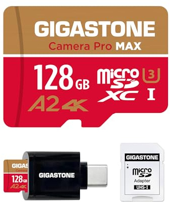 [5 Jahre kostenlose Datenrettung] GIGASTONE 128GB Micro-SD-Karte mit USB 3.2 Typ C Kartenleser, 4K Kamera Pro MAX, bis zu 150/100 MB/s, für GoPro 4K UHD Video, A2 V30 MicroSDXC Speicherkarte