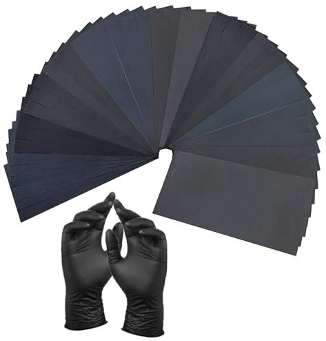 EASONGEE 56pcs Wet and Dry Sandpaper with 10 pairs Nitrile Gloves, 56 Sheets 120-3000 Assorted Grit Sand Papers, 9 x 3.6 Inches Sanding Paper for Wood, Plastic, Metal, Car, Furniture