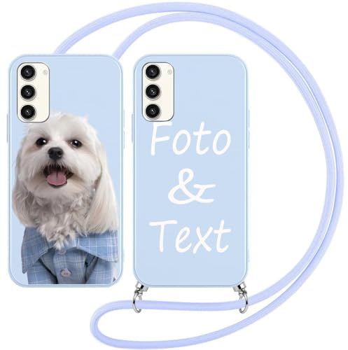 Handykette Personalisierte Handyhülle für Samsung Galaxy S23+ 5G,Personalisiert Hülle mit Band Kordel Selbst Gestalten Foto Bild Schutzhülle,Blau Silikon Stoßfest Individuelle