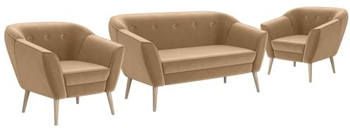 MEBLINI Mini Sofa Set 2-1-1 für Wohnzimmer - Mini Lounge für Vier Personen - Küchensofa - Sofa Klein - Sitzgarnitur - Polstergarnitur - Sofagarnituren - Doris - 2+1+1 - Beige Samt