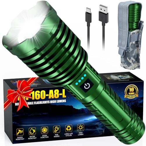 Lampes de poche LED rechargeables super lumineuses 2500 000 lumens haute luminosité, lampe de poche jusqu'à 25 heures d'autonomie, zoomable, 5 modes d'éclairage, résistante à l'eau IP67, lampe torche