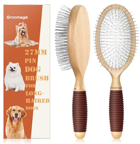GROOMAGE Dog Brush for Long Haired Dogs, 27mm Extra Long Pin Brush for Grooming, Shedding - Beech Wood Material, Non-Slip Rubber Handle, Round-Tipped Pins
