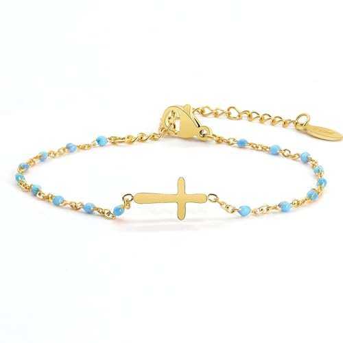 HMOOY Croce di Comunione Bracciale perline per le donne, cristiano in acciaio inox regolabile Bracciale amicizia coppia Bracciale battesimo Regali fortunato per le donne uomini
