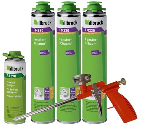 FM230 - Lot de 3 mousses de construction pour fenêtres et façades - Jusqu'à 30 % flexible - Haute isolation acoustique - 750 ml - Combisets (avec nettoyant AA290 + pistolet à mousse Compact