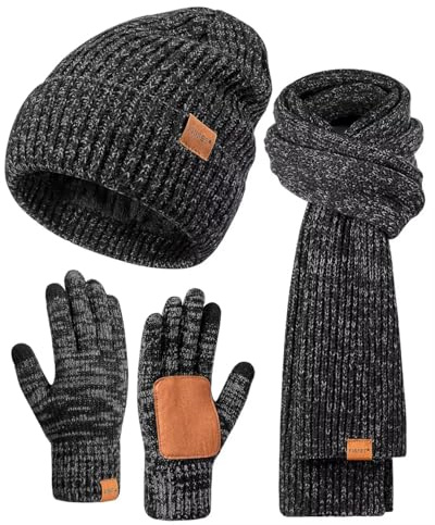 Winter Hat Gloves Scarf Set for Men Women, Mens Beanie with Fleece Lined Long Thick Scarf Touchscreen Gloves for Cold Weather, 3 in 1 Warm Gift Set(A-01)
