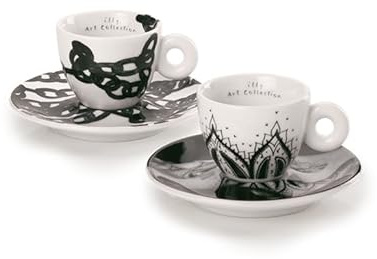 illy 25154 Art Collection, Genesi Collection 2 Numbered and Signed Espresso Cups Monica Bonvicini and Shirin Neshat Coffee Cups with Saucer