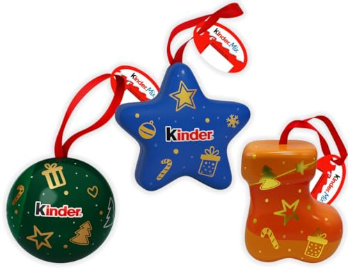 Ferrero TRIS Kinder Mix Palla Verde, Stella Azzurra e Stivale Arancio in Latta Tin Christmas Edition con Mini Kinder Cioccolato e Mini Eggs 34g (2024)