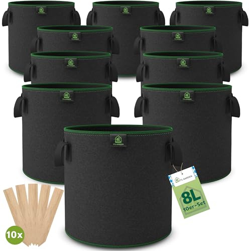 TTL GARDEN 10x 8L Pflanzsack aus Vlies Stoff aus 300 g/m² Filz & Vlies - | 10er Set 8 Liter Pflanztaschen Pflanzgefäß Pflanzbeutel Wachstumstasche geeignet für Balkon Terrasse Gewächshaus & Garten
