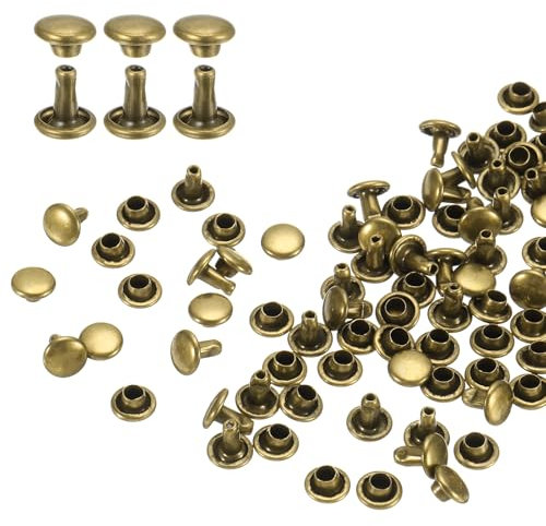 QUARKZMAN 100 Sets Doble Tapa Remaches de Cuero, Remaches Metálicos Tubulares Redondos de 6x6mm para Cuero Artesanía, Decoración de Cinturones Collares para Mascotas, Botas y Bolsos, Bronce
