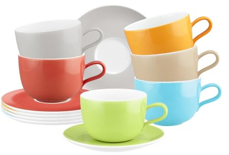 Seltmann Weiden Liberty Pure Colors Mixed Milchkaffeetassen mit Untertassen 6er Set, 380 ml, Farbiges Cappuccino-Set, Mix-&-Match-Geschirr, Spülmaschinen- und Mikrowellenfest, Porzellan, Bunt