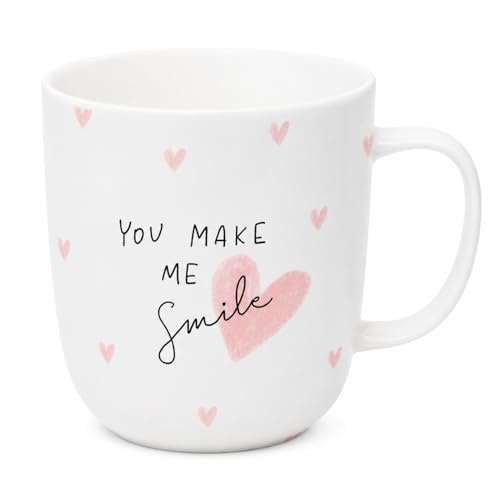 Porzellanbecher 350 ml Kaffeebecher mit Henkel aus Porzellan Spülmaschinenfest & Mikrowellengeeignet Tasse für Kaffee & Tee Höhe 10,5 cm Ø 8 cm Weiß - You make me Smile