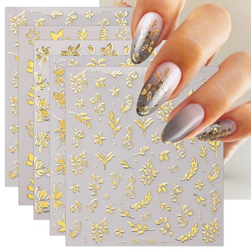 JMEOWIO Nagelsticker Goldene Blumen 8 Blatt Nail Art Sticker Selbstklebend Nagelaufkleber Dekoration Nageldesign Zubehör