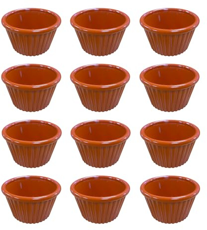 Chabrias Pack of 12 Terracotta 2oz Traditional Ramekins, Condiment Pots, Sauce Ramekins, Dip Bowls, Tough Plastic Sauce Pots, Made in England (Terracotta, 12 Pack Fluted 2oz)