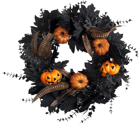 Anna's Whimsy Halloween-Girlande für Haustür - 20inch Eukalyptus Blumengirlande mit Kürbis, Feder und Ahornblätter für Innen Außenwand Fenster Veranda Garten Bauernhof Haus Party Prom Dekoration