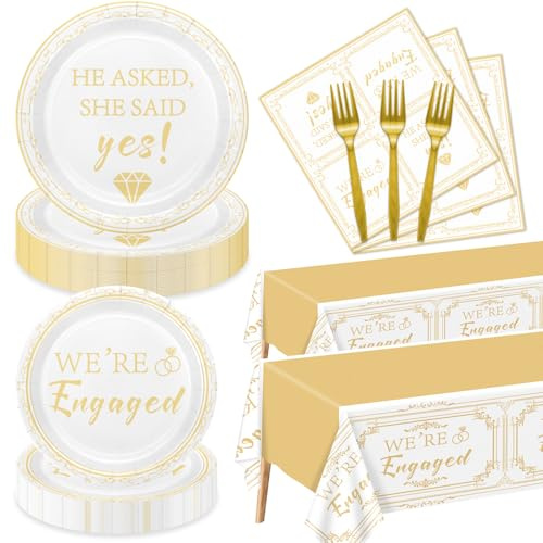 162 Pieces Happy Engagement Party Decorations - Including Engagement Paper Plates, She Said Yes Napkins, and Engaged Tablecloth for Wedding Bridal Shower Party Supplies, Serve 40 Guests