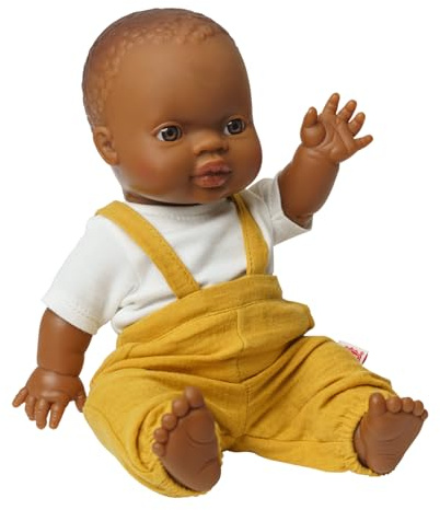 Heless 54023 - Jungen-Babypuppe Gordi von Paola Reina, mit Musselin-Latzhose in Honiggelb und einem weißen Shirt, aus Bio-Baumwolle, Puppe in der Größe 34 cm