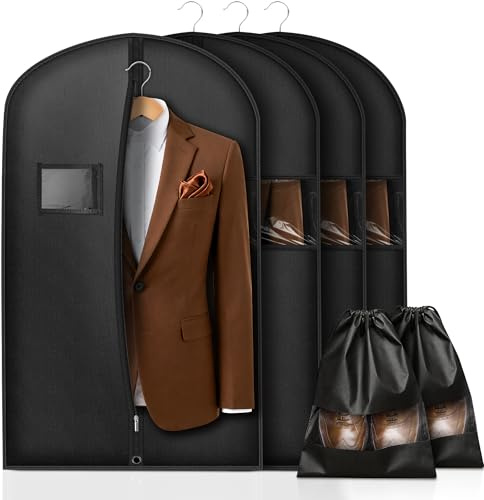 Vonsera Kleidersack Herren 100 x 60cm, 4 Stück Kleiderhülle für Anzug, Jacke, Hemd - mit 2 Stück Schuhbeutel, Atmungsaktive Kleiderschutzhülle mit Reißverschluss für Reisen & Lagerung