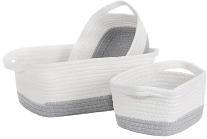 Wickerfield Cotton Rope Storage Baskets for Organizing, Small Woven Basket for Shelves, Baby Toy, Playroom, Bathroom Drawer Closet Organiser Divider with Handles – Set of 3 (White/Grey)