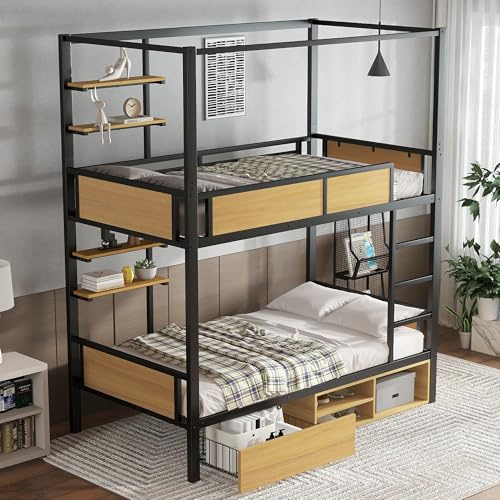 Letto a castello 90 x 200 cm in metallo con 2 cassetti, doppio ripiano sul lato del letto, ringhiere e scale stabili, letto a soppalco, letto per ragazzi, tende da letto possono essere attaccate al