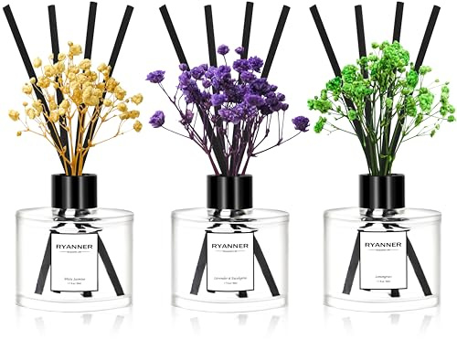 RYANNER Reed Diffuser Set of 3 Pack,Lavender Eucalyptus/White Jasmine/Lemongrass Scented Oil Diffuser with Sticks(1.7 fl oz Each Pack),Air Freshener for Bedroom Bathroom Office | Shelf Decor