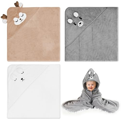 VAIGU:OA 3 Stück Kapuzenhandtuch Baby - 80 x 80 cm Handtücher Badetuch, Kapuzenhandtuch Baby, Weiche Babyhandtuch mit 2 Stück Quadratische Handtücher für Kleinkinder Neugeborene (Weiß, Grau, Kaffee)