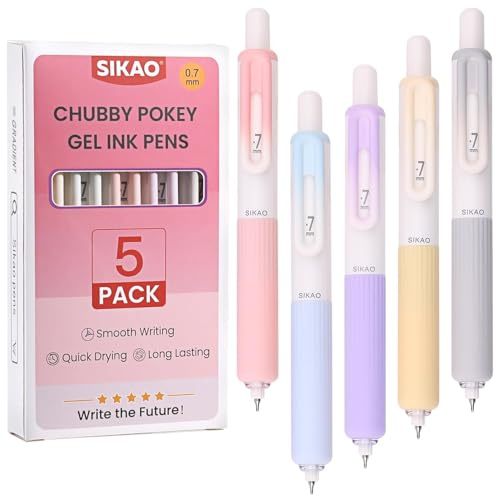Sikao Gel Pens, 5 Pack Gradient Chubby Cute Pens, 0.7mm Fine Point Black Ink, Smooth Writing Retractable Pens for School & Office, Teachers, Nurses & Women, Colorful Aesthetic Stationery