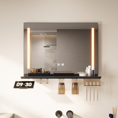 SONNI LED Badspiegel mit Ablage 70x50 cm, Offenes Regal (inkl. Handyhalter), Touchsensor, 3 Lichtfarben, Anti-Beschlag & Standby-Memory – Ideal für kleine Bäder & Mietwohnungen