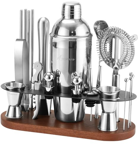 Cocktail Shaker Set Bartender Kit with Stand | 23-Piece Bar Set Drink Mixer Set with All Essential Bar Tools: Martini Shaker, Jigger, Strainer, Spoon, Pourers, for Home, Bar, Party (Brown-Y)