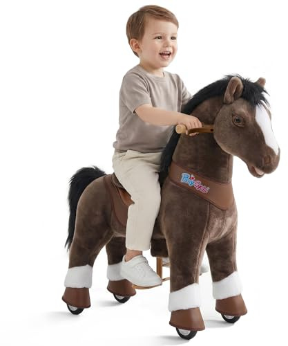 PonyCycle rida på hästleksak för barn 3–4 år, Advanced Model Y chokladfärgad rida på ponny för småbarn, plysch gunghäst med hjul och broms, inomhus- och utomhus födelsedagspresent till pojkar - Y376
