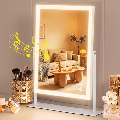 FENCHILIN Schminkspiegel mit Beleuchtung 30 x 41 cm Hollywood Spiegel 3 Farben Dimmbares Licht Spiegel mit Beleuchtung Musik Lautpsrecher 10x Vergrößerung 360° Drehung Weiß