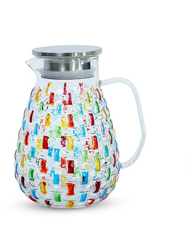 Hand Painted Colorful Crystal Glass Pitcher with Stainless Steel Lid – Colorful Weaving Design,Water Pitcher Carafe, Iced Tea Pitcher, Hot/Cold Water Jug, Juice and Iced Tea Beverage Carafe(1500ml).