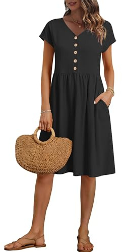 PLMOKEN Sommerkleid Damen Knielang V-Ausschnitt Empire Kleider Kurzarm Ärmel Lockeres Midikleid Freizeitkleid Mit Taschen