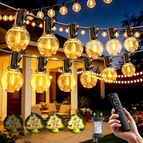 Guirnalda Luces Exterior Jardín 20M con Control Remoto, con 25+2 LED G40 Bombillas, Blanco Cálido, 3 Modos/Impermeable/Regulable/Sincronización, Guirnalda para Jardin, Terraza, Fiestas, Patio