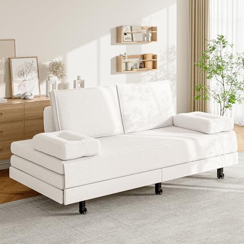 Quiaviank Utdragbar dagsäng, 90/180 x 200 cm, bäddsoffa med sovfunktion, vadderad bäddsoffa med ribbotten, dubbel bäddsoffa för vardagsrum, sovrum, linne, vit