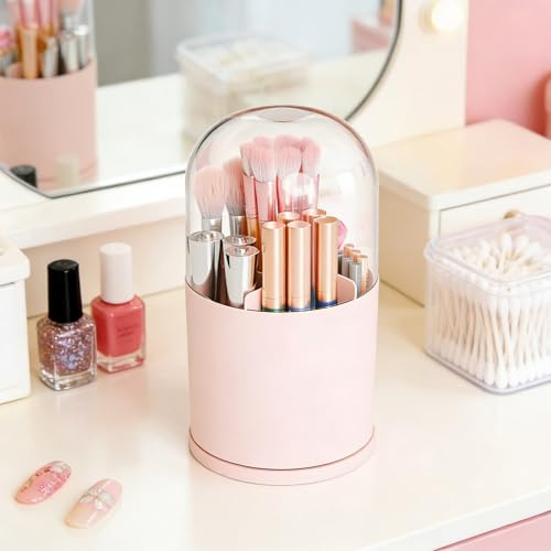 Générique Porte-pinceaux de maquillage,Organisateur de Bureau,Organisateur de vanité rotatif 360° avec couvercle anti-poussière pour pinceaux chambre,coiffeuse,chambre à coucher,sal (Rose poudré)