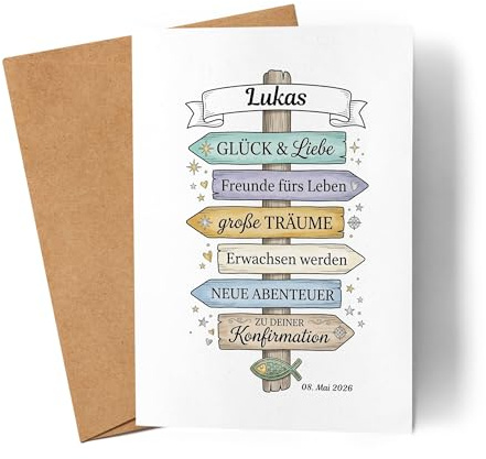 Kiddle-Design Personalisierte Konfirmationskarte mit Namen, Faltkarte Junge Mädchen, Glückwunschkarte zur Konfirmation, Geschenk für Konfirmanden als Karte
