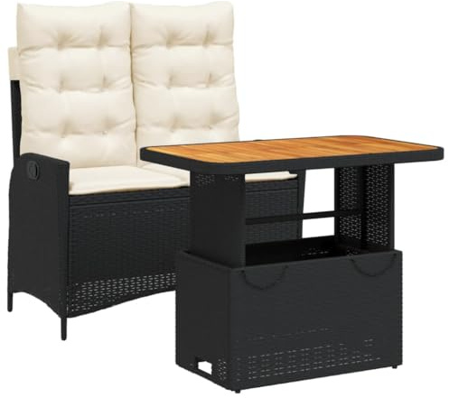 Mhdvray 2-TLG. Garten-Essgruppe Schwarz Poly Rattan 90x55cm höhenverstellb. Tisch Klappbank wetterfest Balkonset 110kg für Garten Terrasse Balkon