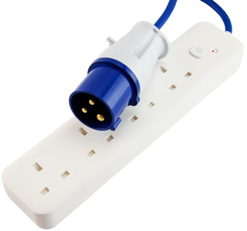 kenable 2m 4 Way Motorhome Caravan Camping Mains Electric Hook Up Extension Lead 16A Blue CEE Plug to UK Sockets [2 metres]