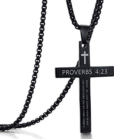 Rehoboth Stainless Steel Cross Pendant Necklaces for Men or Women Bible Verse Pendant Chain 24 Inch Black
