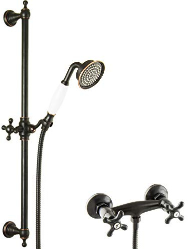 PaulGurkes schwarze Duscharmatur Retro Aufputz Zweigriffmischer Nostalgie Set Vintage Kreuzgriff Duschstange Handbrause Brausehalterung Landhausstil Messing schwarz Brauseschlauch 150cm 1,5m Oldschool