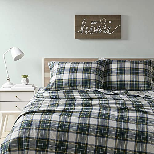 Comfort Spaces Parure de lit 4 pièces en Flanelle de Coton Respirante, Chaude à Poches Profondes avec taie d'oreiller, pour très Grand lit, Motif écossais Vert