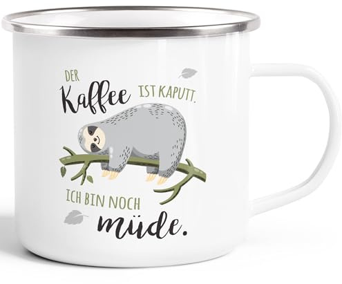 MoonWorks® Emaille-Tasse Becher mit Spruch lustig Motiv Faultier Bürotasse der Kaffee ist kaputt ich bin noch müde Weiss-metall Emailletasse