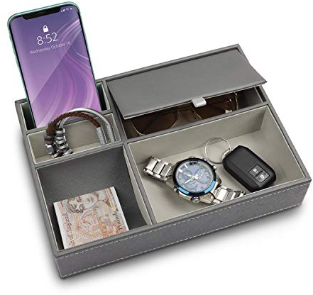 BELLE VOUS Büroablage Herren aus Kunstleder Grau, Nachttisch Ablage mit 5 Fächern - Aufbewahrung für Handy, Geldbeutel, Münzen, Schmuck, Schlüssel, Manschetten, Uhr – Organiser Büro, Schreibtisch
