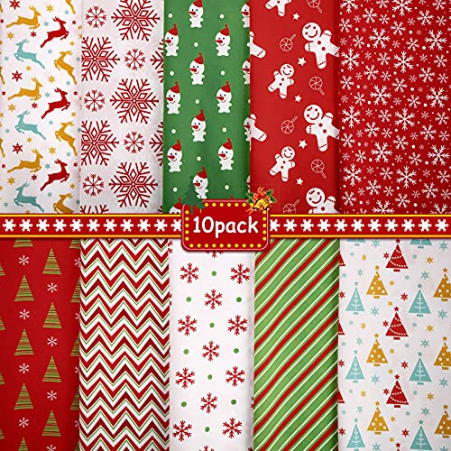 10 Baumwoll Quadrate 50 x 50 cm/ 19,68 x 19,68 Zoll - Weihnachten Schneeflocke Druck Rot Grün Stoff für DIY Quilten & Nähen