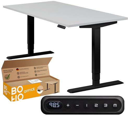boho office® Homedesk Schreibitsch elektisch höhenverstellbar | Homedesk - Tischgestell Schwarz, Tischplatte 140x80 Lichtgrau - 2 Motoren, Memoryfunktion, Kollisionsschutz, Kindersicherung