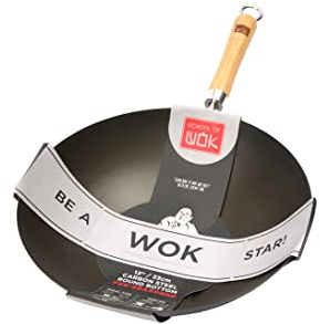 School of Wok - 13/33cm Pre-Seasoned Carbon Steel Round Bottom Wok with Bamboo Handle