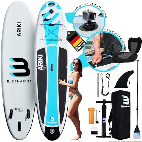 Bluemarina Stand Up Paddle Board Ariki aufblasbar - 𝟓 𝐉𝐀𝐇𝐑𝐄 𝐆𝐀𝐑𝐀𝐍𝐓𝐈𝐄 - bis 120 kg Tragkraft - inkl. Doppelhub Pumpe & Rucksack - 305x76x15cm - SUP Paddling (Classic 305 cm)